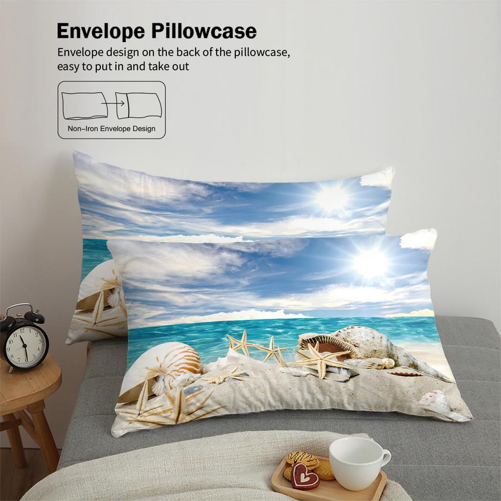 3pcs (1 Quilt Cover + 2 Pillowcases, Core Not Included) Bedding Set with 3D Beach Starfish And Conch Digital Print