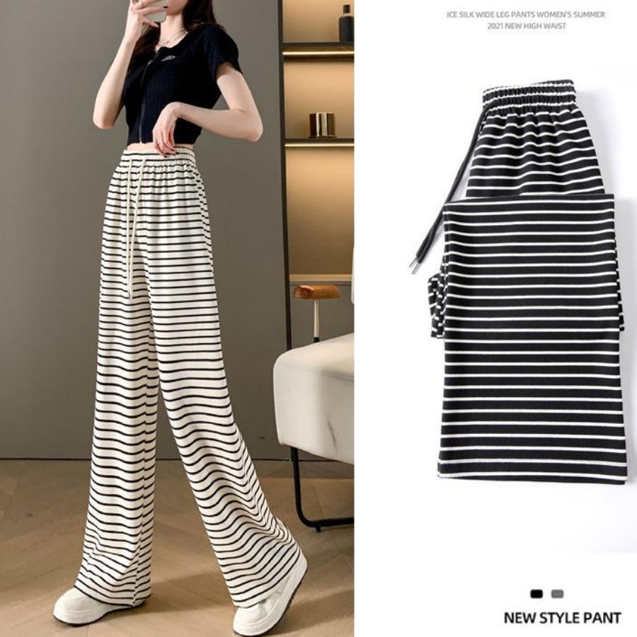 Pantalones de Pierna Ancha a Rayas Blancas y Negras para Mujer Primavera Verano Pierna Recta Sueltos Casuales Pantalones Versátiles con Estampado de Cebra