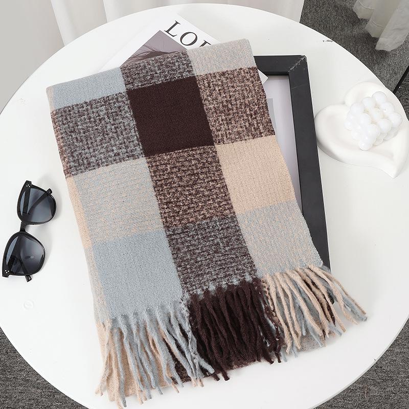Women's Faux Cashmere Plaid Scarf - Korean Style, Thick & Warm Autumn/Winter Shawl