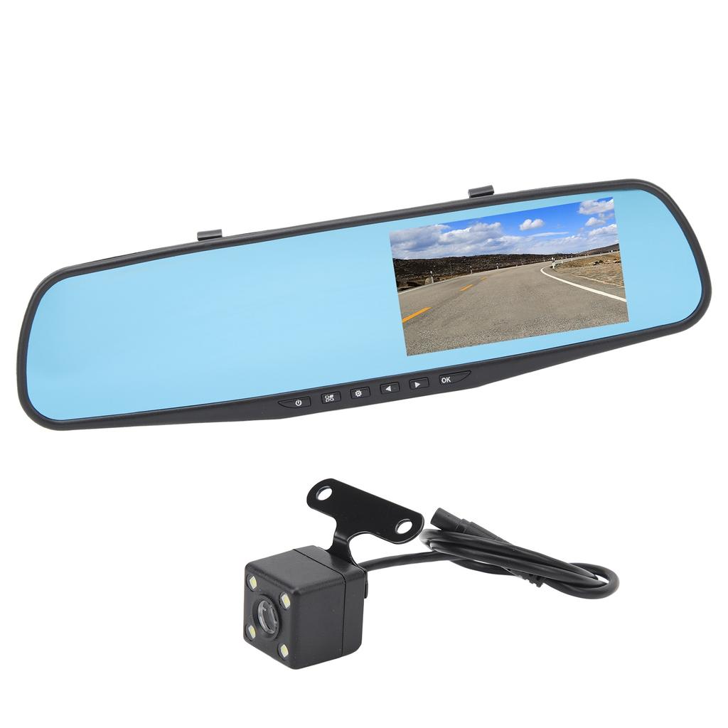 4.3 Inch Mirror Dash Cam 1080P HD Dual Lens Anti Glare Parking Monitor Smart Rearview Mirror Camera