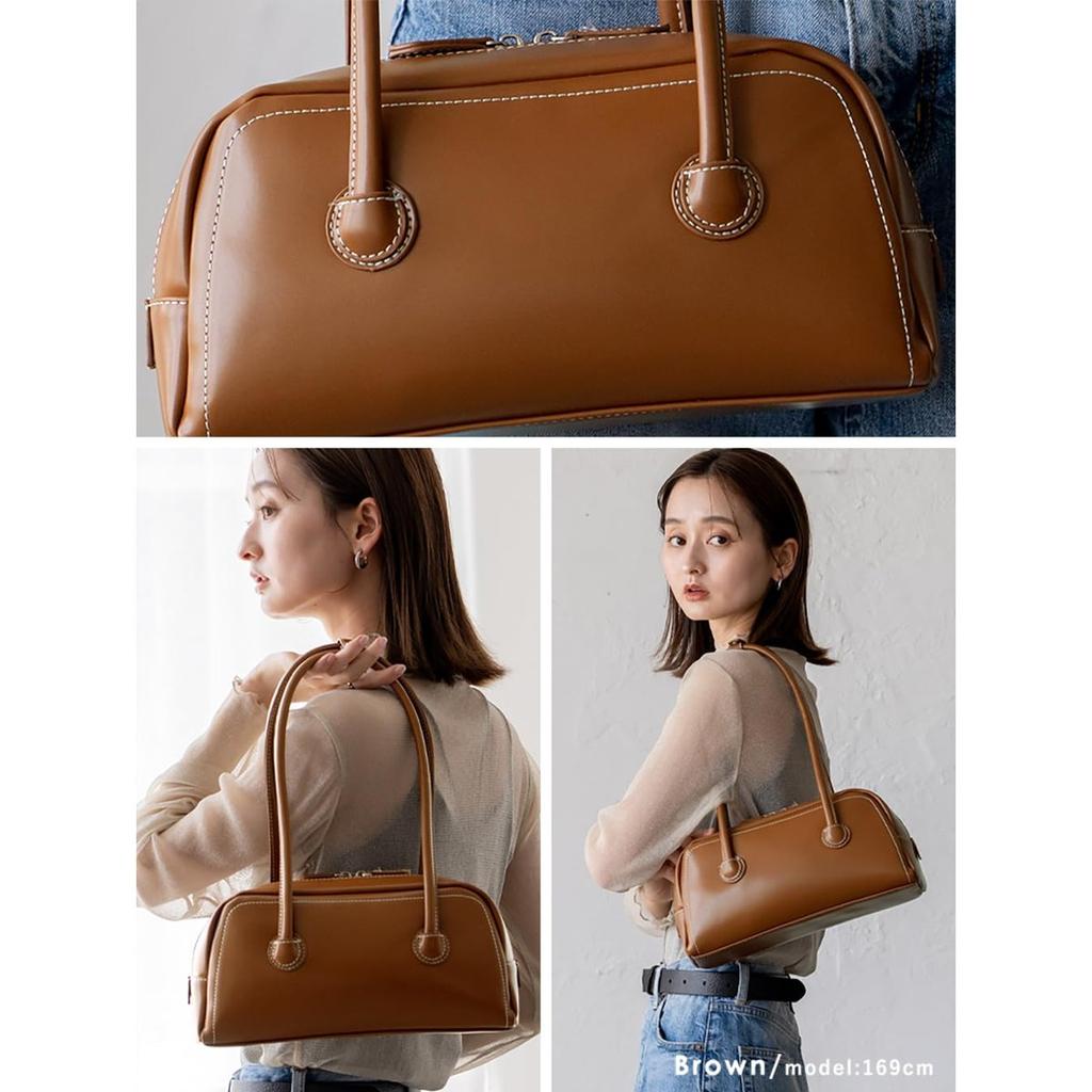VITAFELICE Women's Long Handle Mini Boston Bag Elegant PU Leather Horizontal Shoulder Bag Small Underarm Handbag nsb-30230p Brown