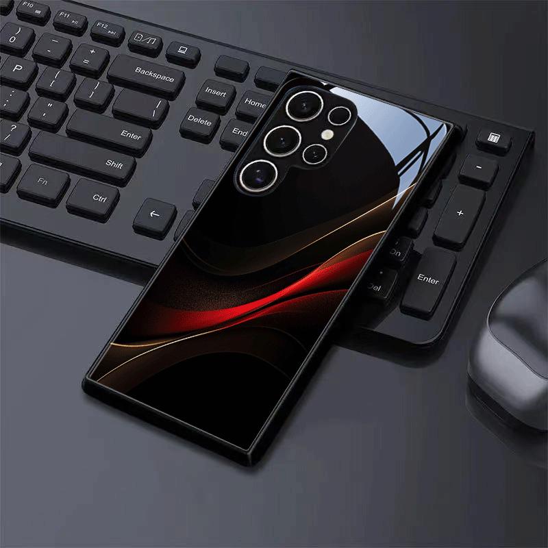 Red gold charm picture black glass phone case suitable for Samsung Galaxy S26 S25 S24 S22 S21 S20 FE/Ultra/Plus shockproof