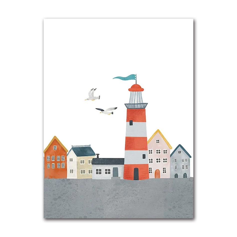 Sailboat Lighthouse Whale Seagull Shell Diver Posters Prints Canvas Painting Nordic Wall Art Pictures Kids Room Home Decor