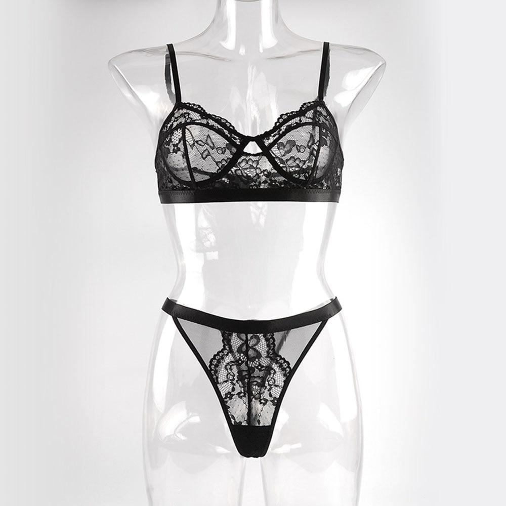 Sexy Perspective Lingerie Lace Bra Bikini Pajamas Underwear Three-point Split Bra Briefs Set