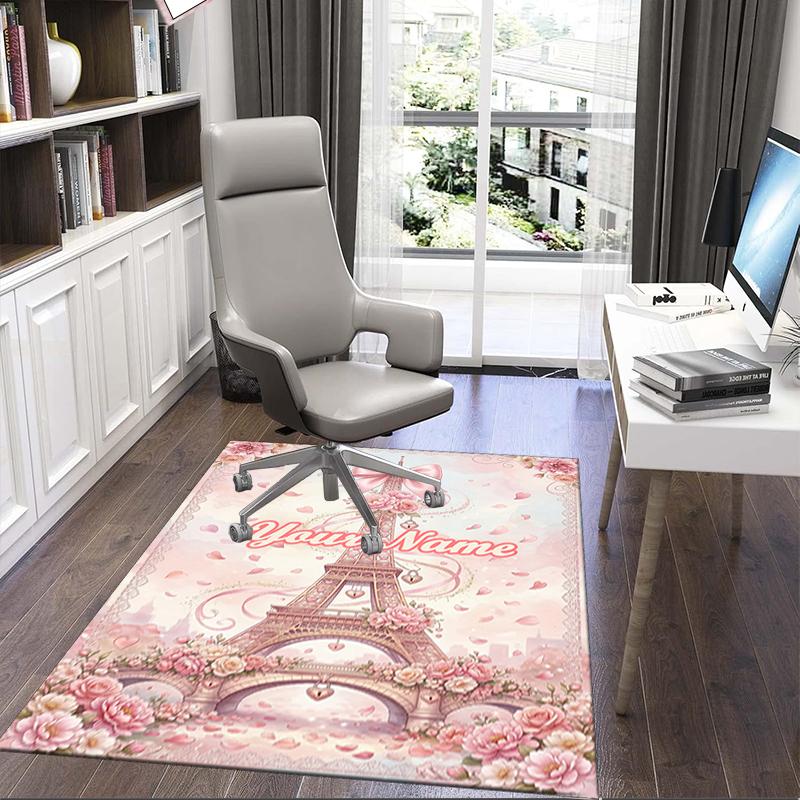 1PC Custom Name Pink Paris Romance Theme Floor Mat Ideal for Living Room, Game Rooms, Office, Bedroom,Floor Mat Playful Design