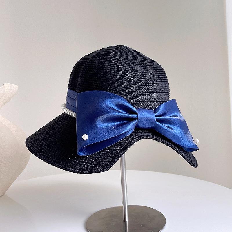 

2025 Women s Sun Hat Elegant Pearl Bow Straw Boater Cap Fashionable Foldable Beach Holiday Anti-UV Summer Hat 56-58CM чорний