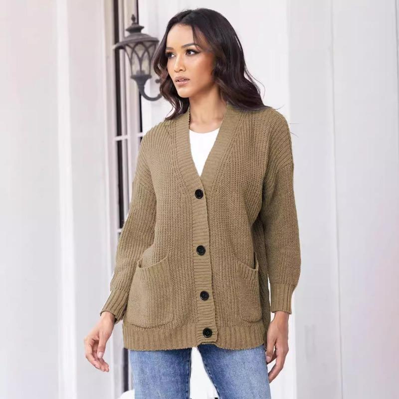 Spring and Autumn Women's V-neck Solid Color Loose Single-breasted Sweater Knitted Cardigan
