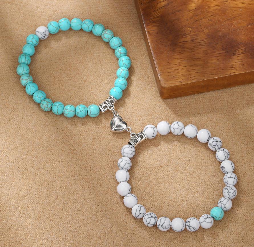 Magnetic Heart Couple Bracelets: Trendy Beaded Set for Women