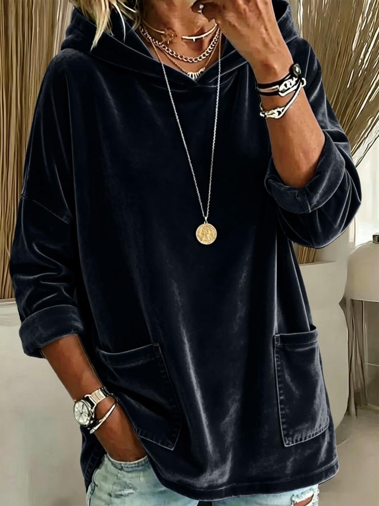 European and American new casual fashion hooded loose suede pocket solid color long-sleeved women's pullover sweater