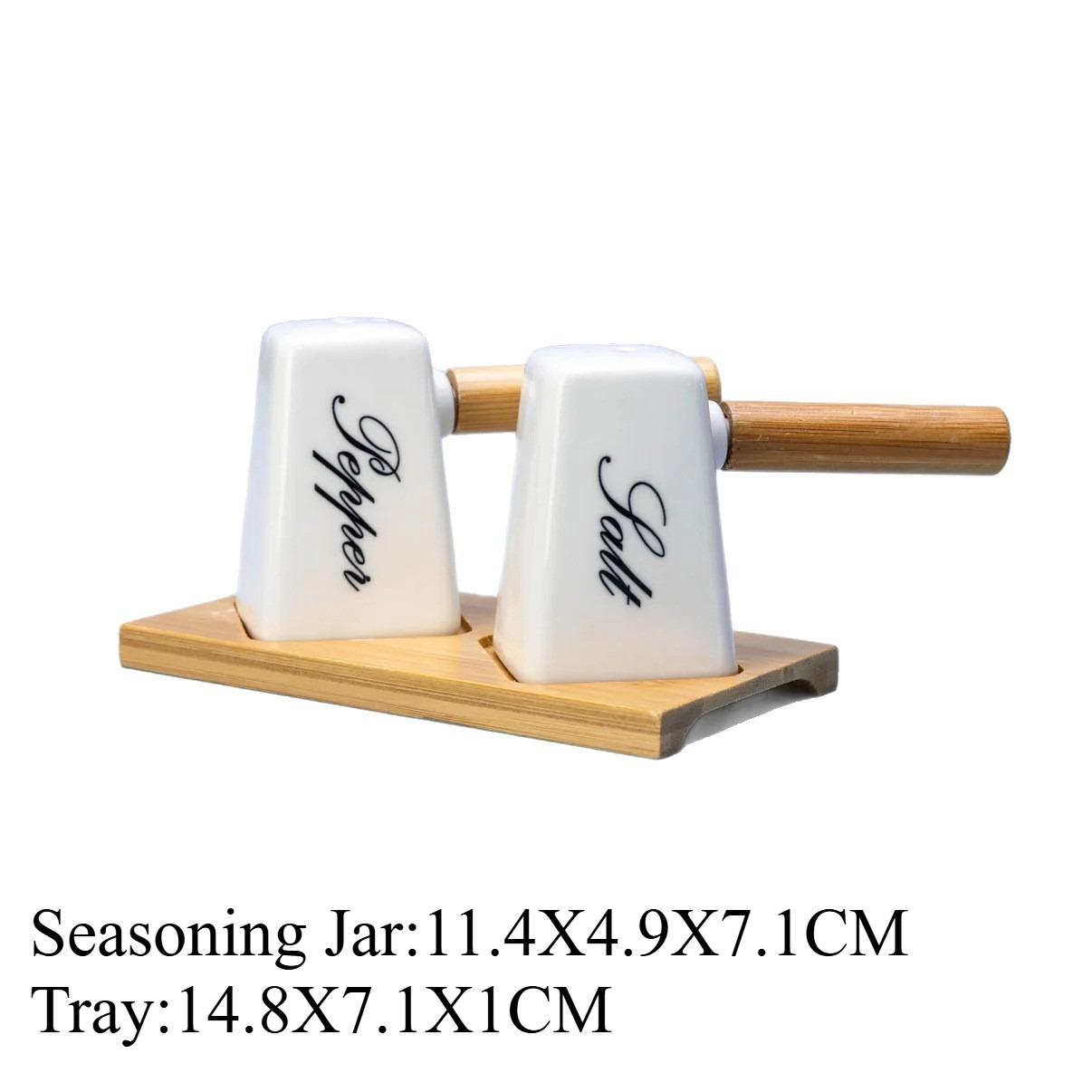 Creative Ceramic Spice Bottle with Wooden Handle Bamboo Wooden Tray Base Salt Shaker Set Pepper Shaker Home Kitchen Supplies