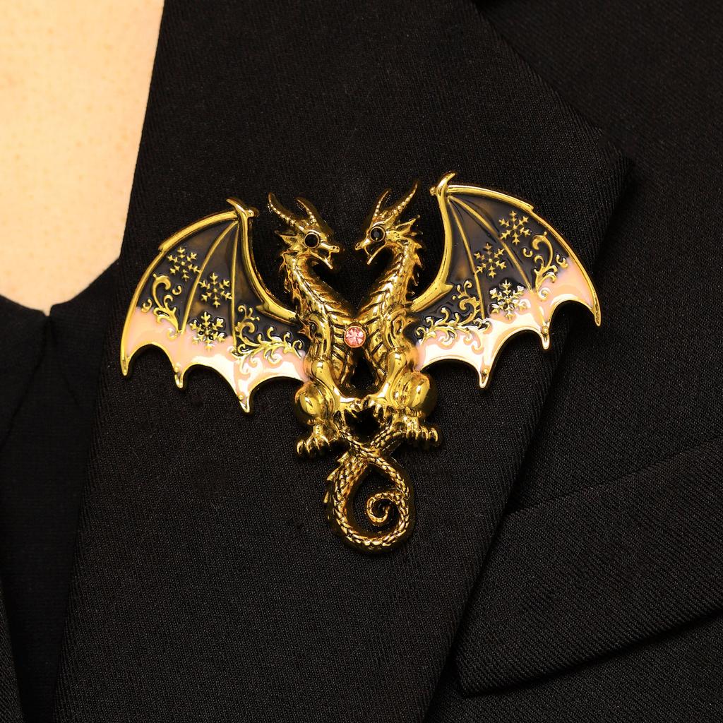 Gothic Fantasy Colorful Enamel Wings Lapel Pin Twin Winged Dragon Brooches for Women Men Game Cosplay Suit Coat Decor Jewelry