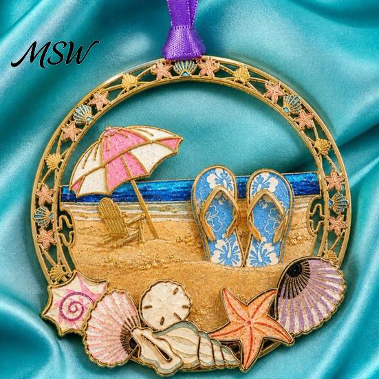 Lightweight Metal Tree Pendants Beach Christmas Ornaments, Vacation Themed Hanging Decoration, Acrylic Summer Souvenirs Slipper Shell Starfish