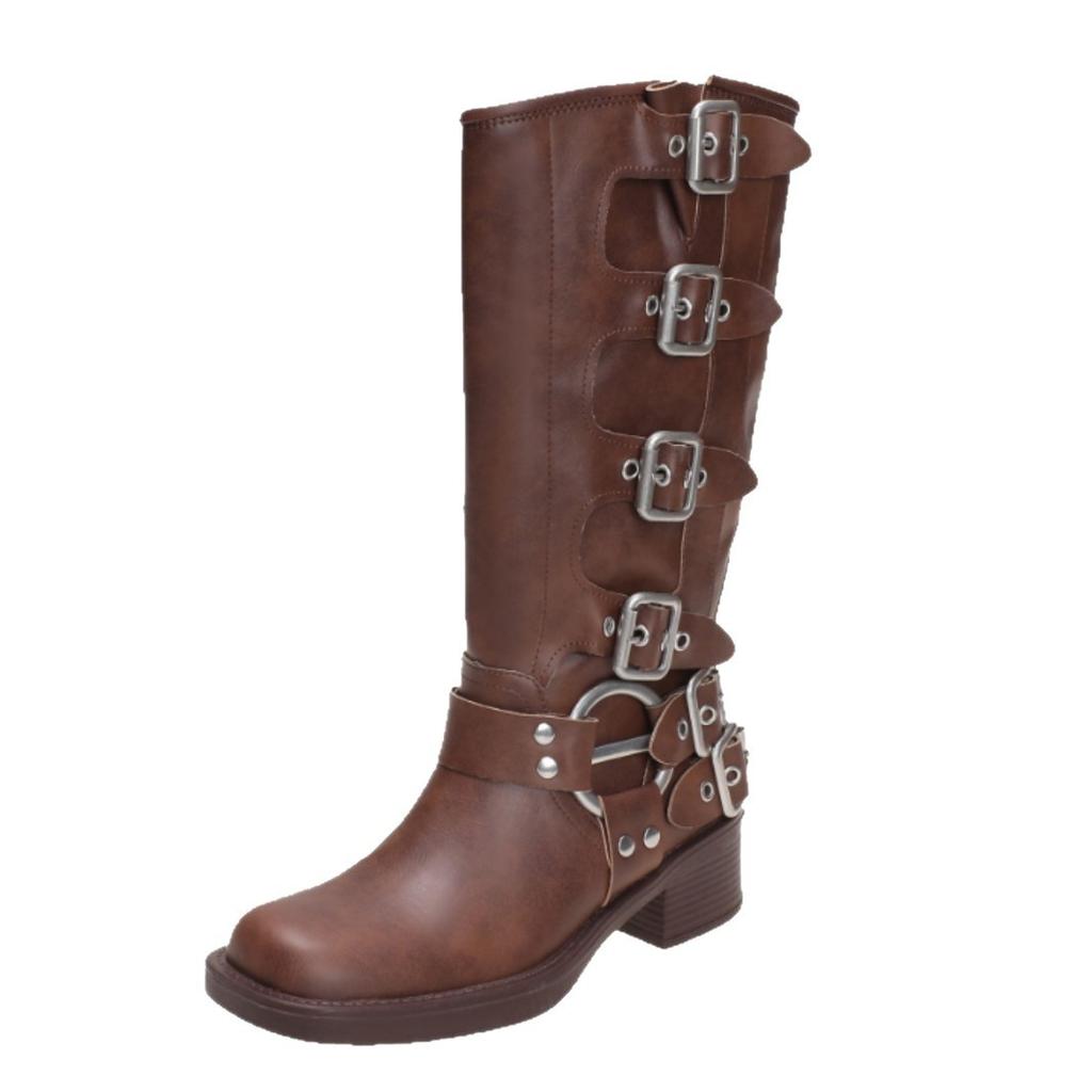 Belt Buckle Thick Heel Knight Boots Women's Autumn and Winter Retro But Knee Boots Western Cowboy Boots Brown Fashion Boots