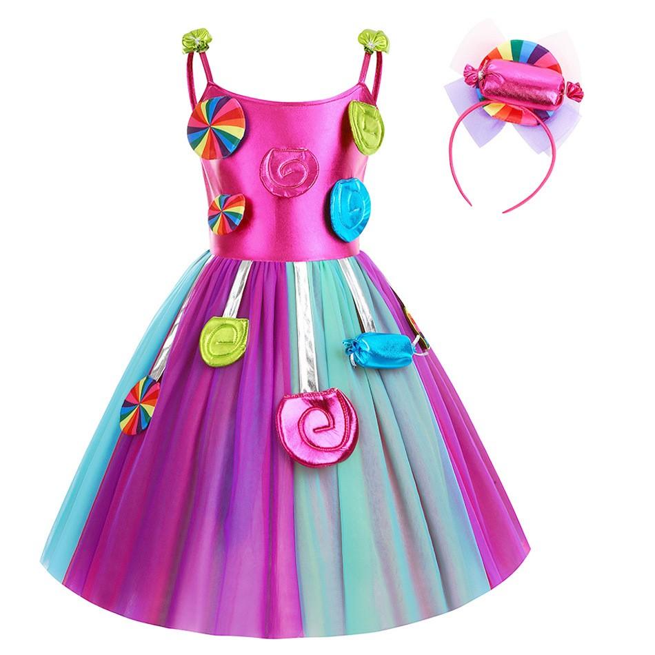 Purim Festival Suspender Rainbow Dress For Girl Candy Lollipop Costume Party Gift Candy Dress + Lollipop Accessories Suit