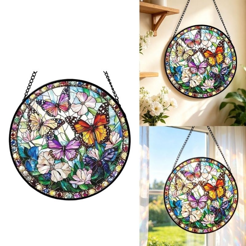 Stained Glass Sun Catcher Window Decors Window Display Glass Hanging Panel with Black Metal Frame, Stained Glass Accent with Chain for Home Accent Use