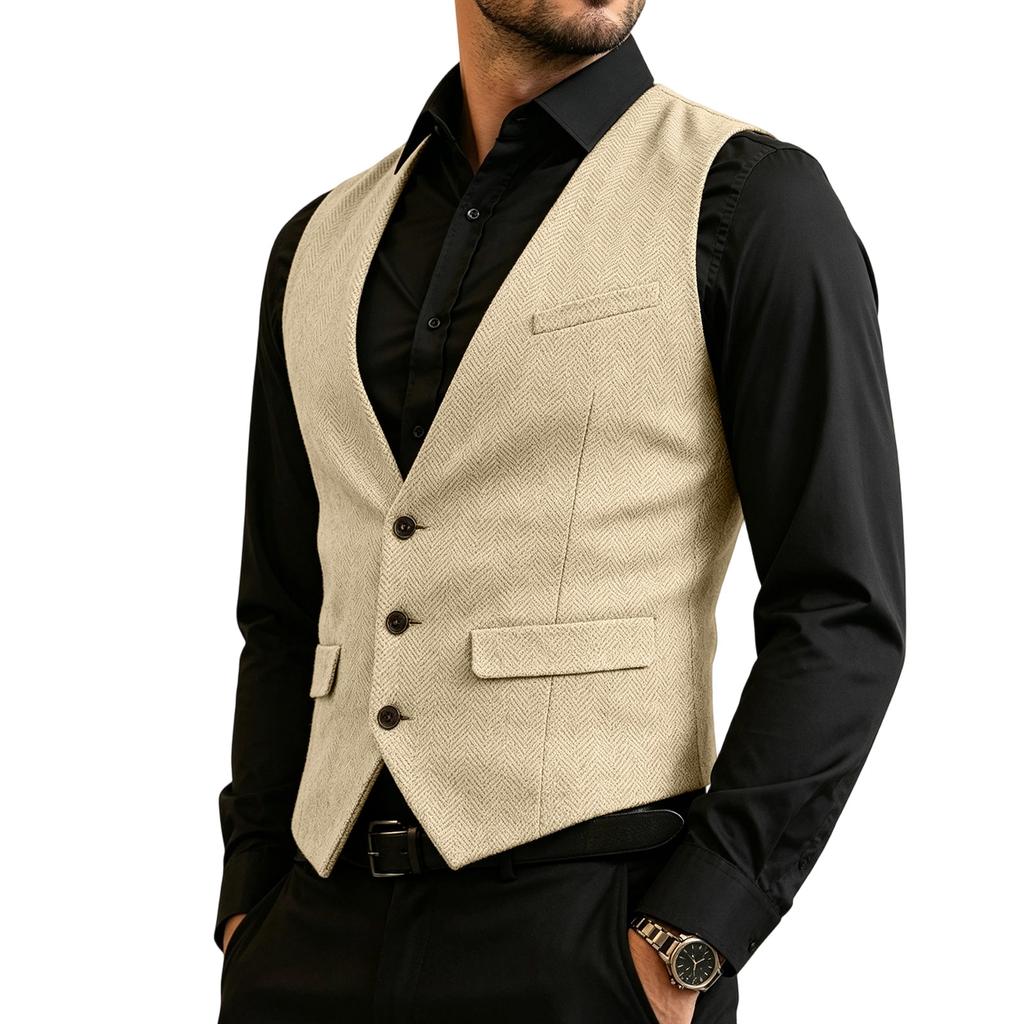 Herren Business Weste Slim Fit Formale Weste Knopfleiste Anzugweste mit Mehreren Taschen für Büro und Freizeit