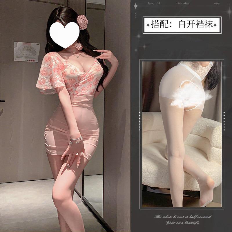 Sex Underwear Pure Desire Wind Nightdress Halter Hip Skirt Nightclub Floral Sexy Temptation Deep Uniform Suit Perspective