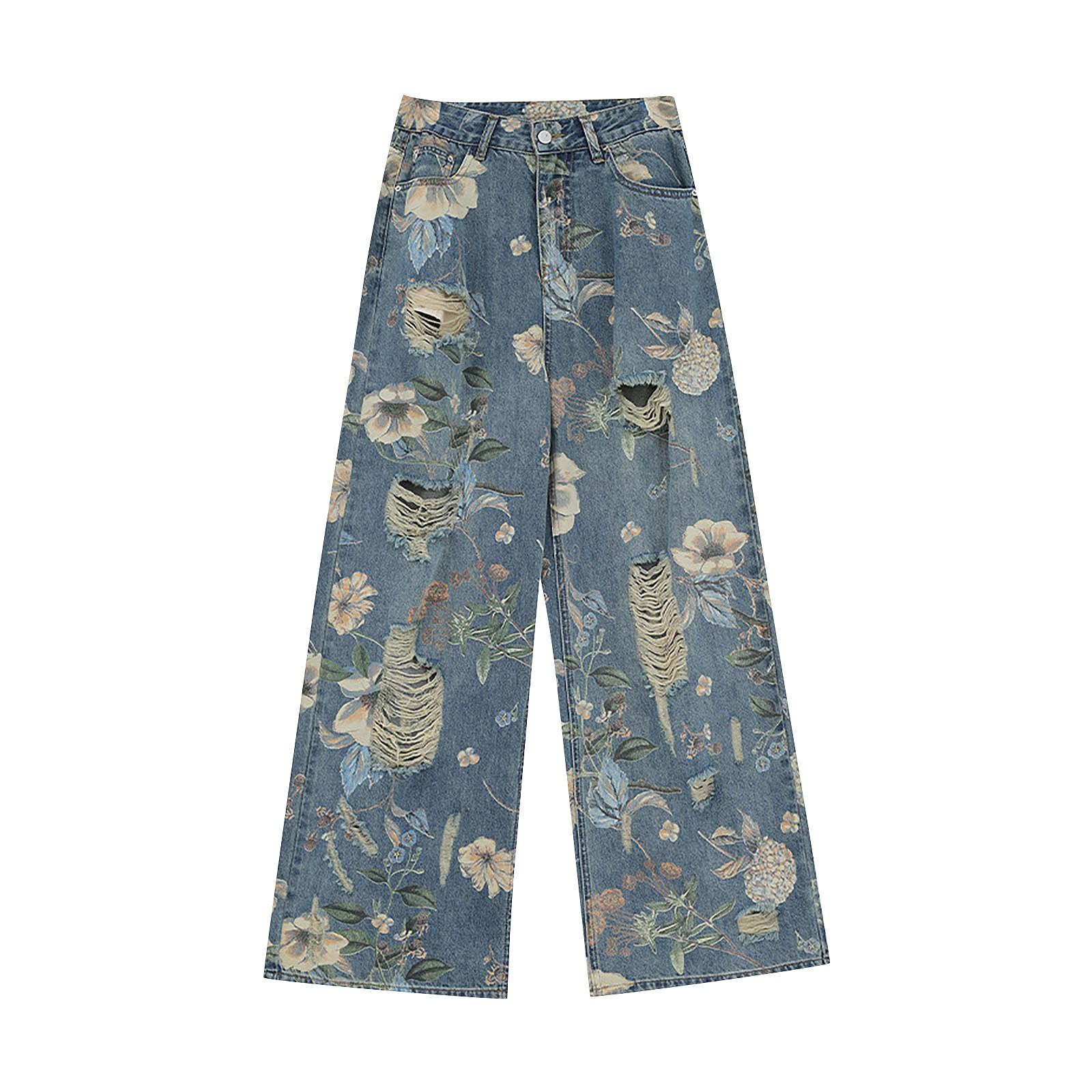 Женская мода ретро личность потертый старый с высокой талией ретро свободные прямые — фото 9