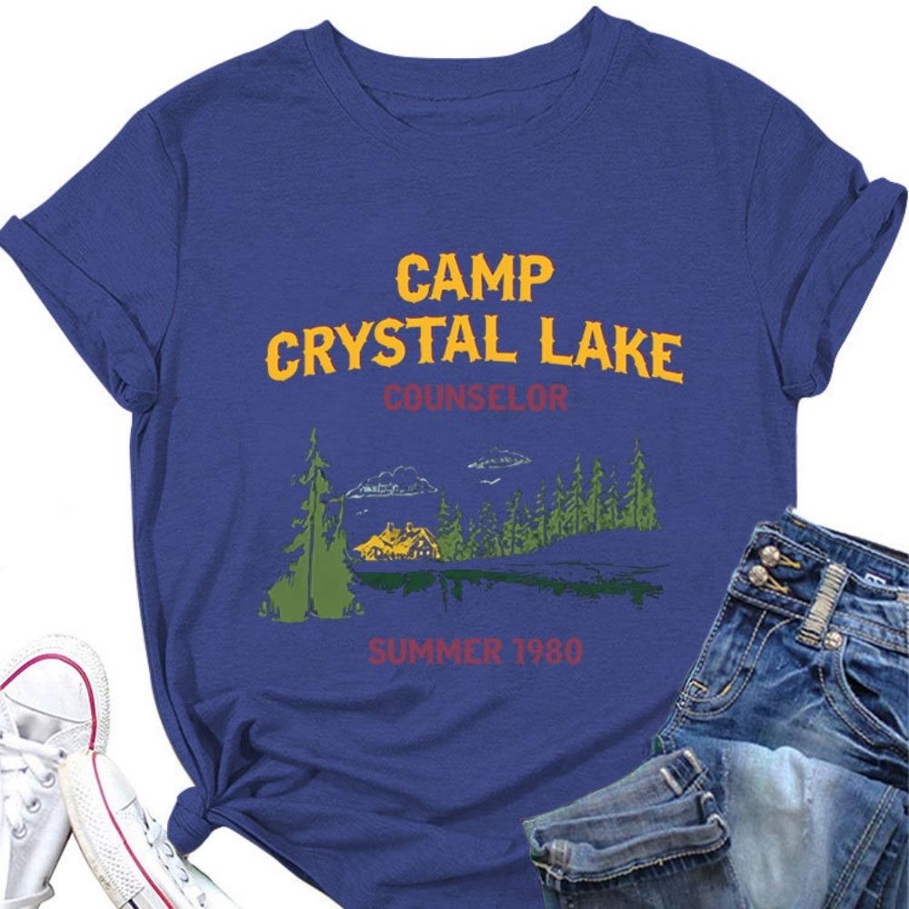 Summer New Women's Short Sleeved T-shirt Camp Crystal Lake Print Loose Round Neck Casual Top Paired with All Fashionable Clothing