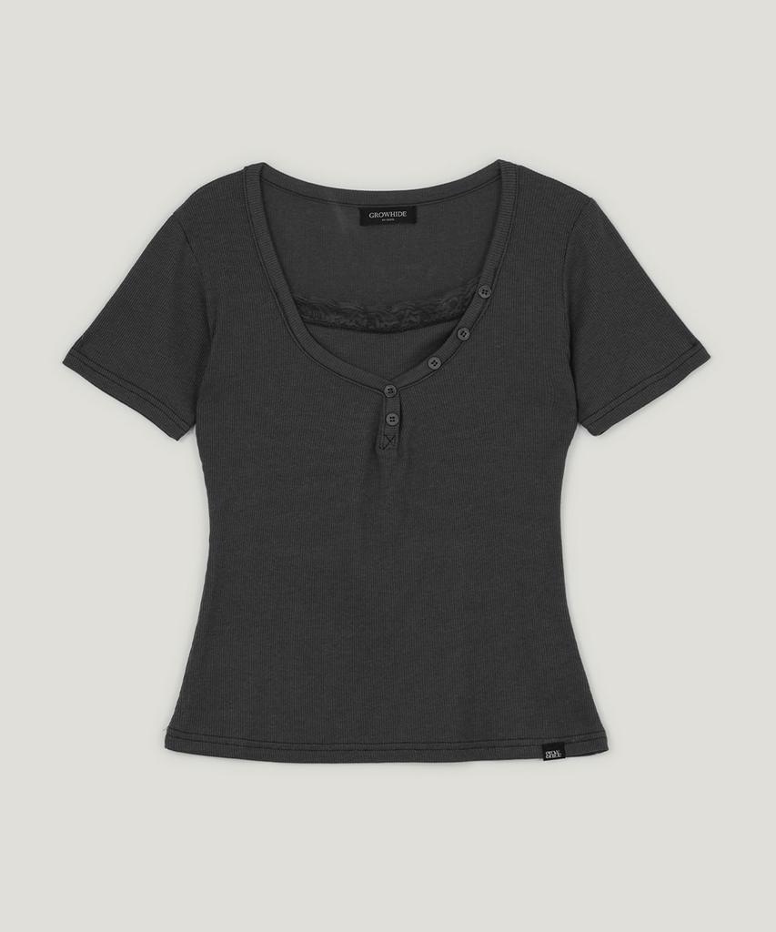 Geulouhaideu Dane Lace Button Short Sleeve T-Shirt_Black
