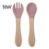 Soft Silicone Tip Spoons Baby Led Weaning Spoon And Fork Set, Utensils Supplies with Wooden Handles, Toddler Self-Feeding Tableware, BPA-Free