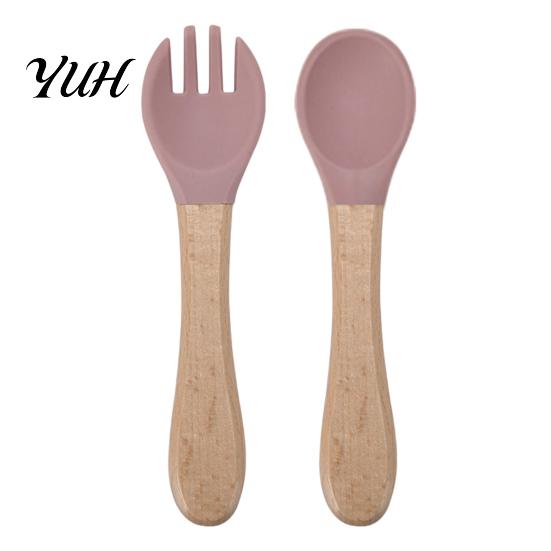 Soft Silicone Tip Spoons Baby Led Weaning Spoon And Fork Set, Utensils Supplies with Wooden Handles, Toddler Self-Feeding Tableware, BPA-Free