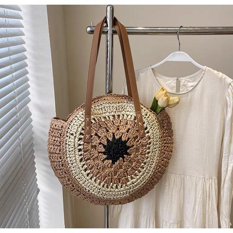 Color Core Simple Round Single Shoulder Hollow Straw Bag Seaside Beach Vacation Photo Casual Fashion Female чёрный