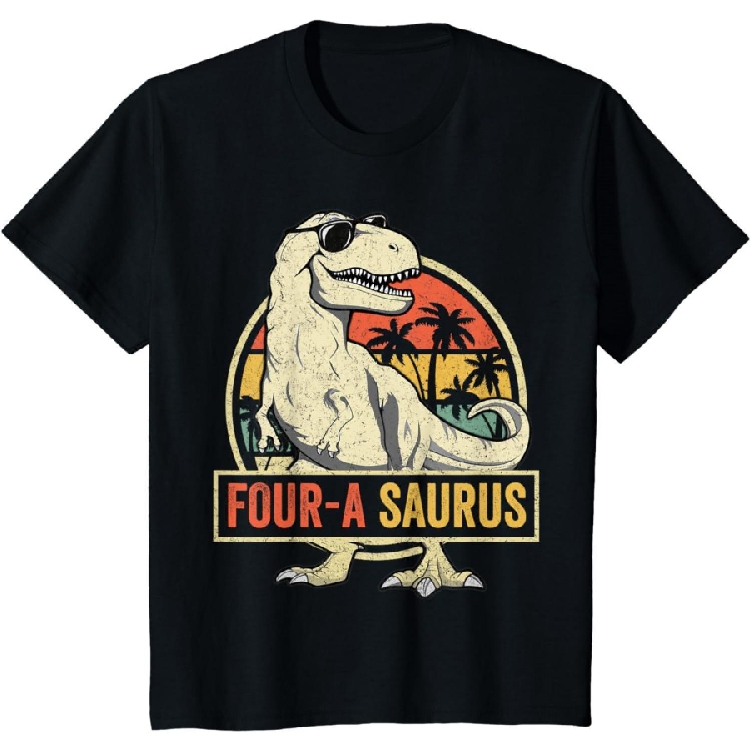 Four a Saurus Birthday T Rex 4 Year Old Dino 4th Dinosaur T-Shirt S