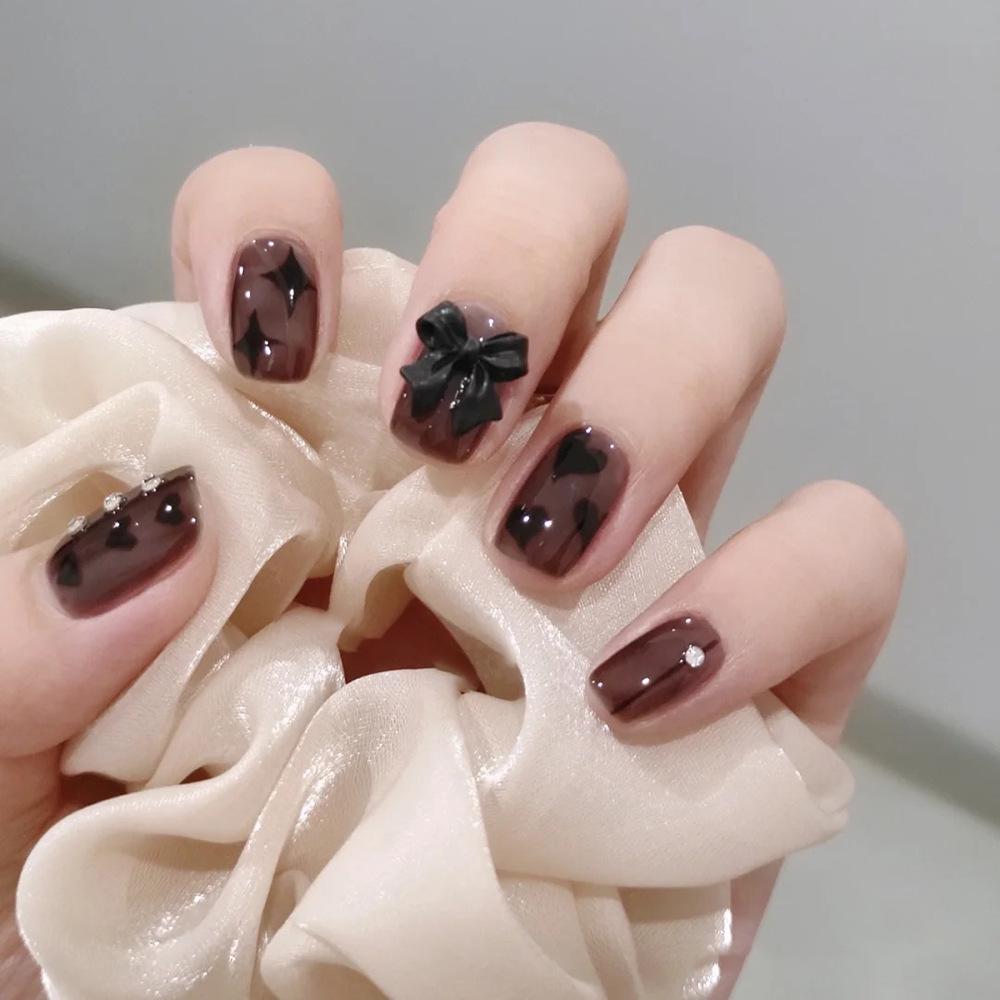Ice Clear Heart Bow Star Rhinestone Wearable Nail Stickers - Detachable False Nails Model N591 with Glue