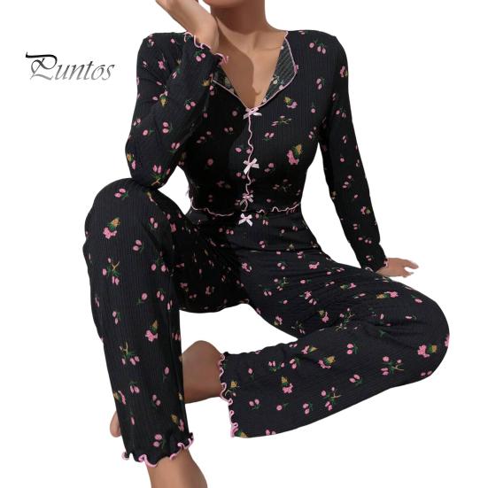 

2 шт./комплект осень-зима женская пижама костюм отложной воротник длинный рукав принт бант декор топ высокая талия брюки пижамы повседневная домашняя одежда одежда L