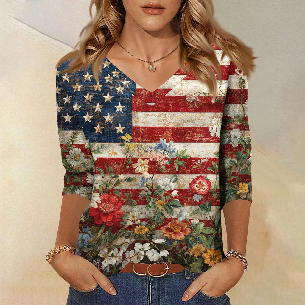 Women's Tops Three-quarter Sleeve Shirt V-neck Loose Casual Shirt Print T-shirt