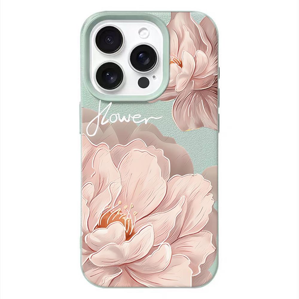 Pink Peony Flower Mint Charm Collage Phone Case For Iphone 17 Air 16 16e 15 14 13 12 11 Pro Max Protective Leather Cover