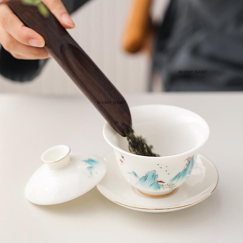 Chinese Suede Jade White Porcelain Tea Tureen Teacup Travel Portable Gaiwan Handmade Ceramic Tea Bowl Tea Set Accessories