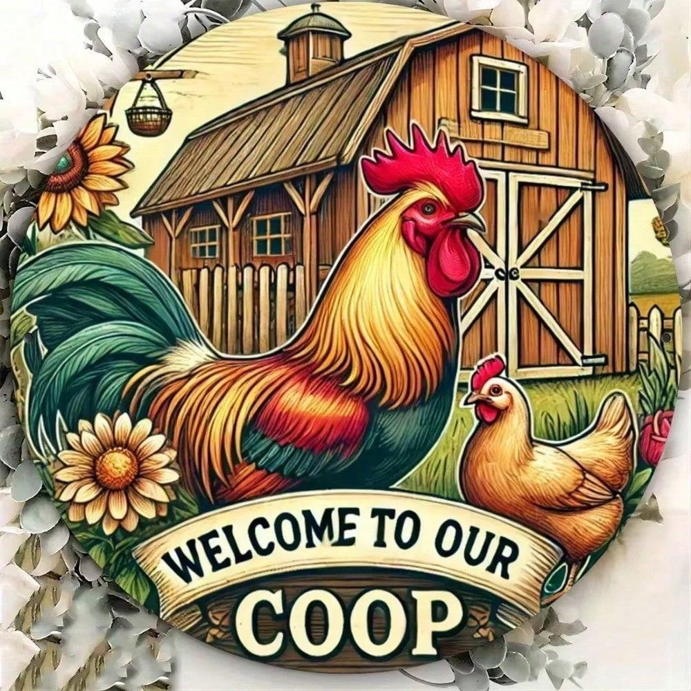 Vintage Metal Tin Sign Chicken Wall Decor for Bar Pub Kitchen Farmhouse Round Plaque
