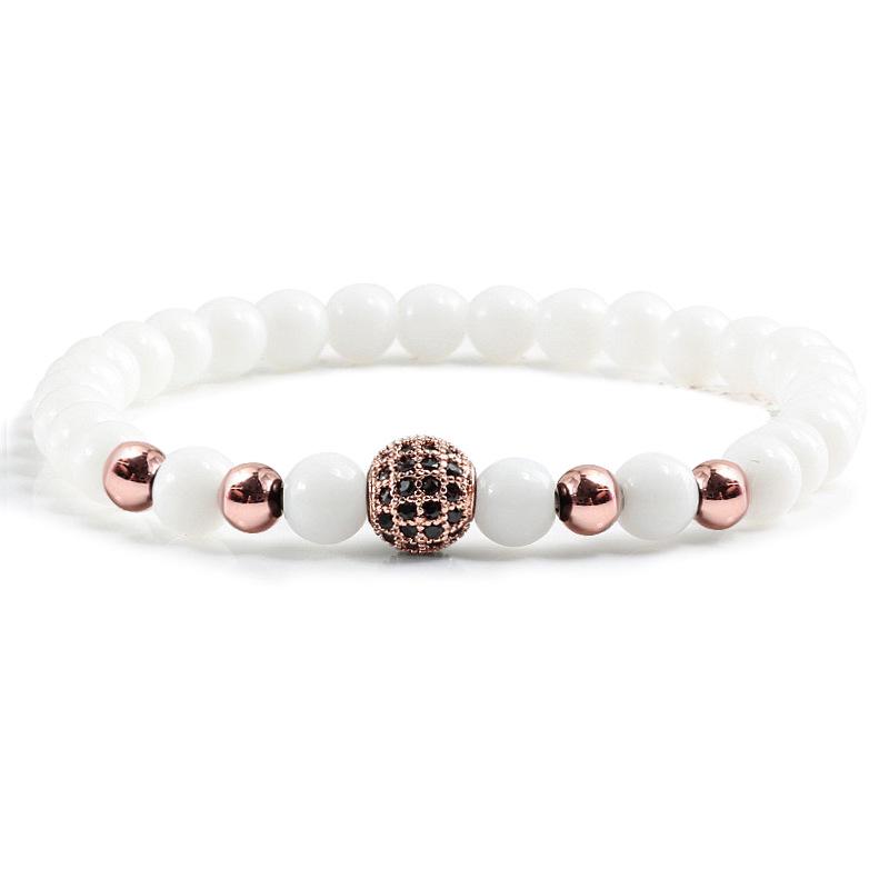 Black Frosted Copper Bead Bracelet with Micro-Inlaid Black Diamond and White Porcelain, Elastic Rope Jewelry for Men and Women.