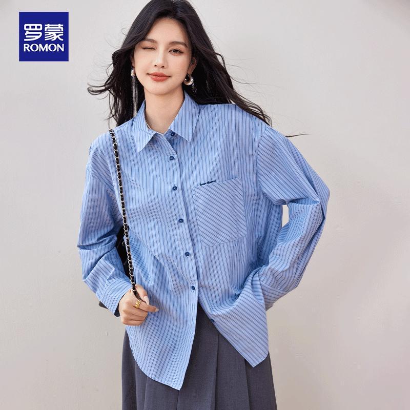 ROMON Women's Casual Striped Long-Sleeve Shirt