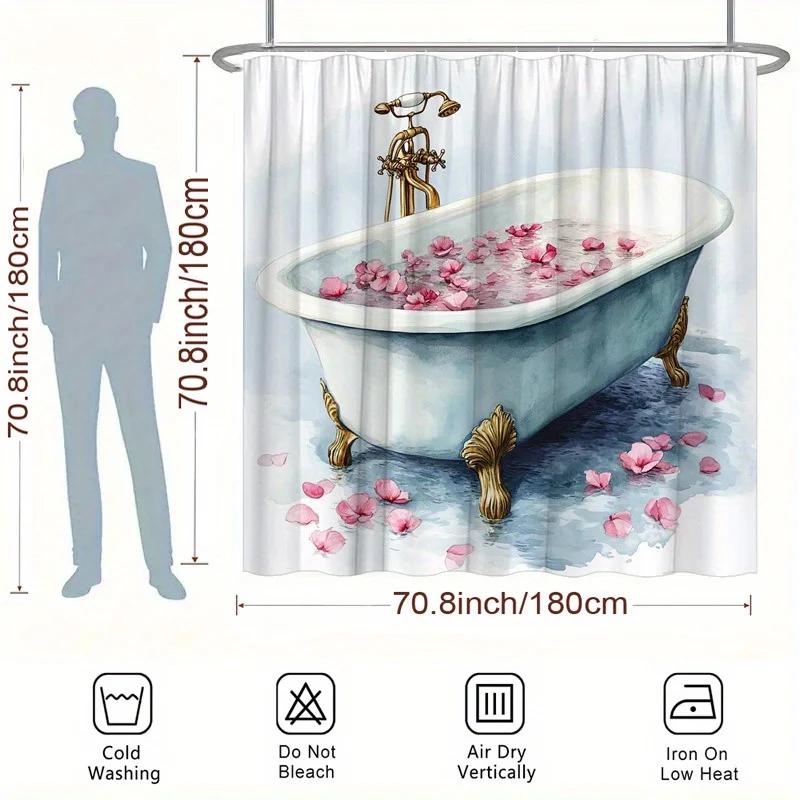 Vintage Clawfoot Bathtub Shower Curtain - Rose Petals, Polyester, Washable, 12 Hooks, 70.8x70.8 Inches