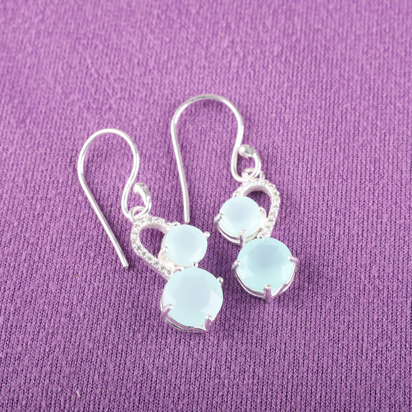 

Аква Халцедон Драгоценный Камень 925 Стерлинговое Серебро Подарок Ювелирные Изделия Циркониевые Серьги 1,38 CZE-3-14