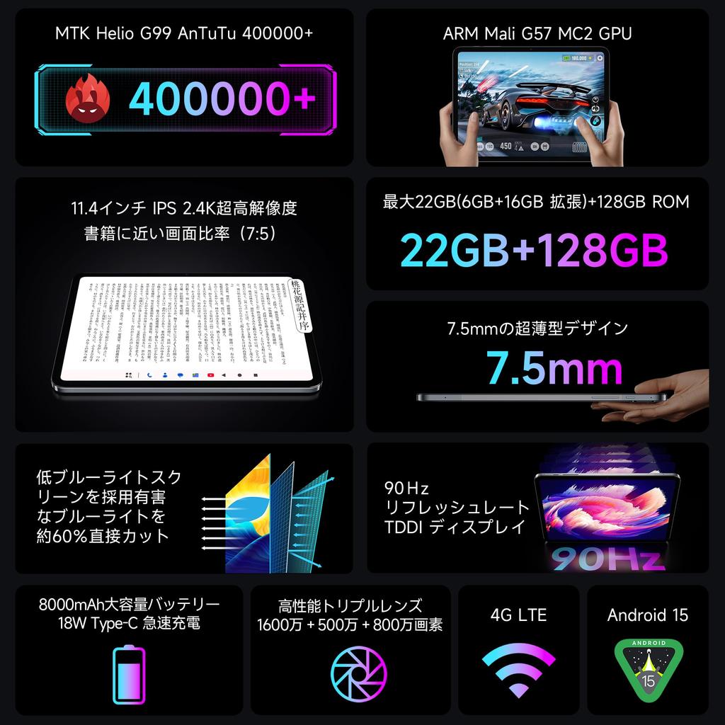 IPS Tablet Calling BMAX PAD Android 15 CPU Helio 90Hz High Refresh Rate Fast 4G L1 Compatible I12 Power 2.4K 11.4-inch Wi-Fi/SIM Model Tablet,