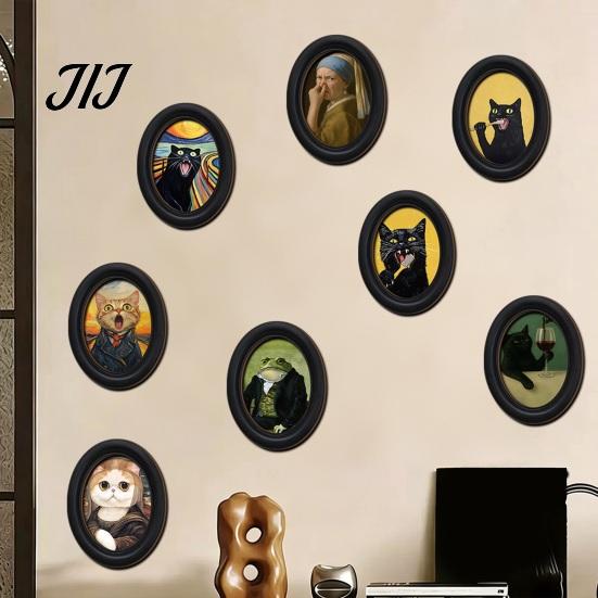 Decorative Wall Accents for Living Room Abstract Art Cat Decor, Oval 2D Wood Framed Funny Painting Unique Prints Print, Vintage Ornament Bedroom Home