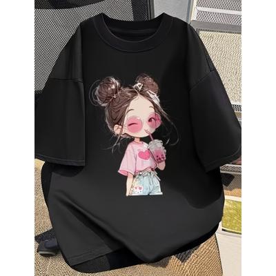 European Sizes 100% Pure Cotton Cartoon Printed Short Sleeved Round Neck T-shirt for Summer New Loose and Chic Pure Cotton Top