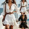 Casual Loose Dress Women's Lace Trim Mini Dress, Deep V-Neck 3/4 Sleeve Short Summer High Waist A Line Boho Sundress Solid Color