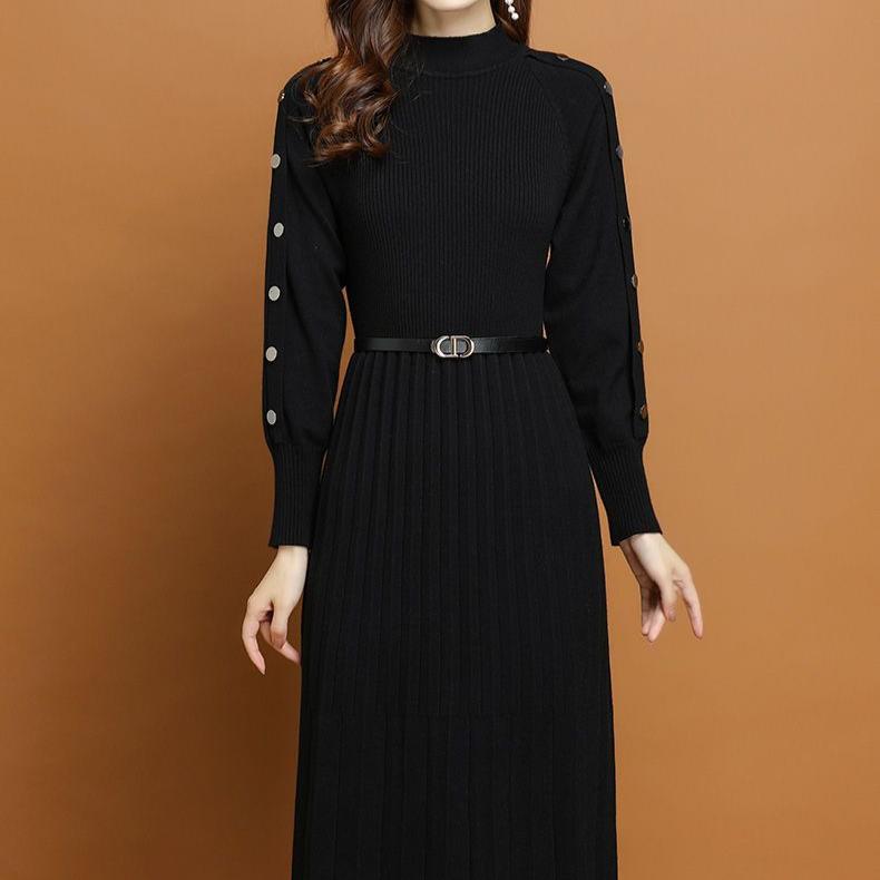 Autumn and Winter Innerwear Dresses Women's Long-sleeved Mid-length Knitted Dress Base Casual Sweater Dress Pullover