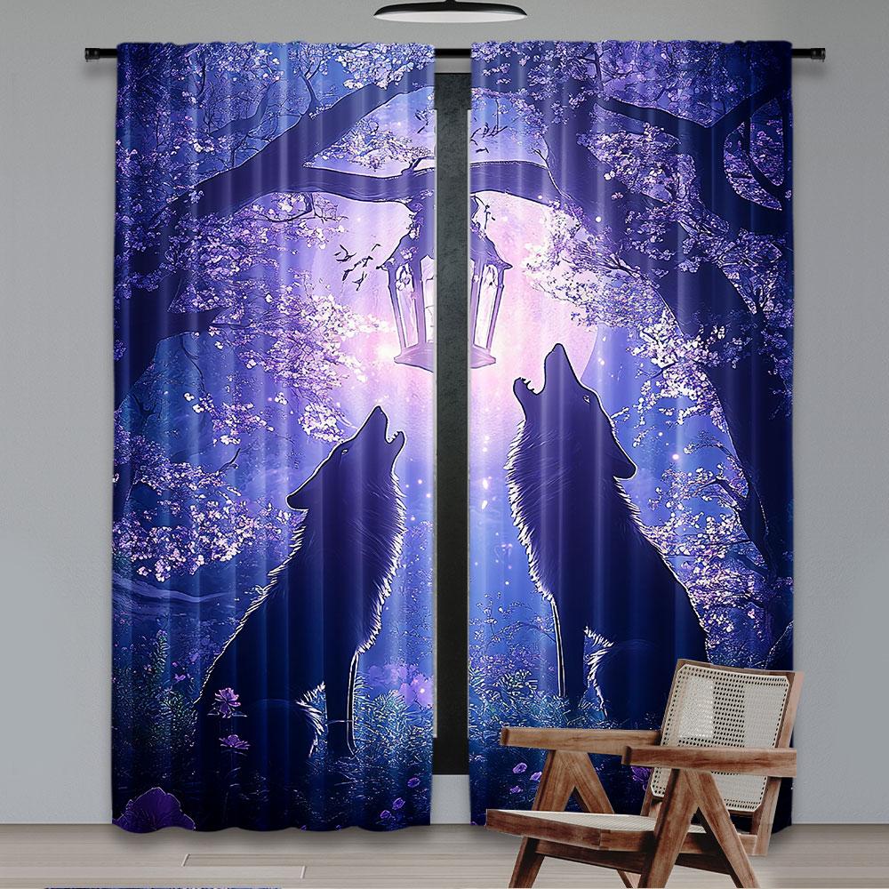 

2Pcs Wolf Curtain Magical Forest Night Starry Moon Star Purple Misty Big Tree Flower Lantern Decor Curtains Suitable For Living 29x65in(75x166cm)