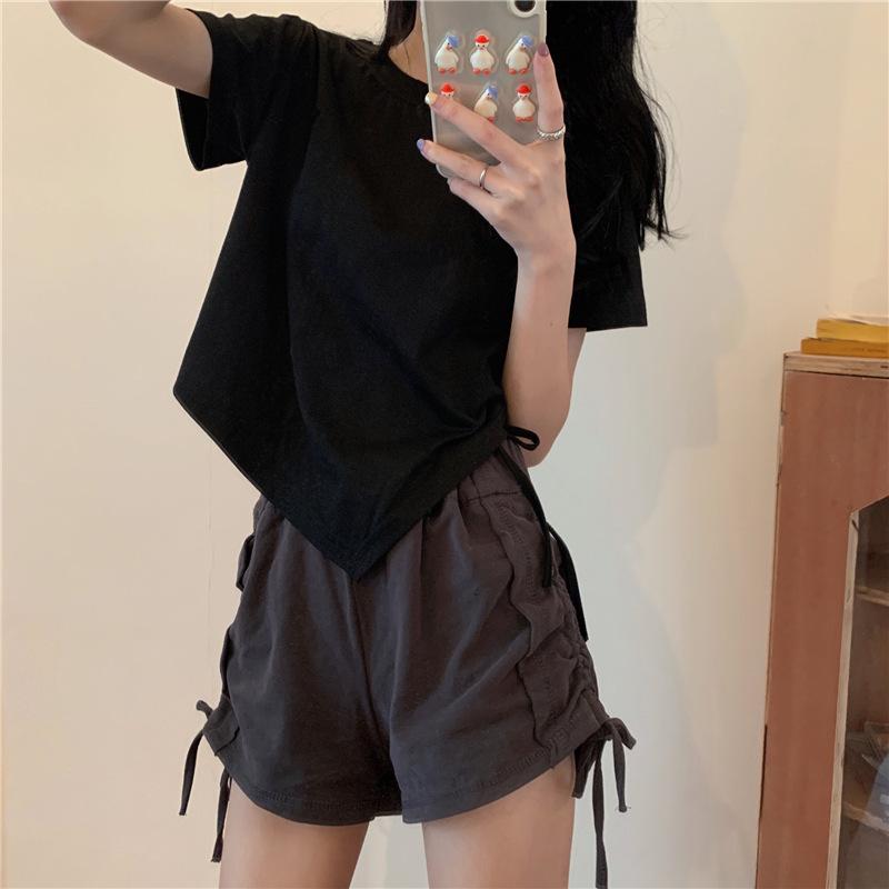 

Нерегулярная короткая футболка с короткими рукавами и завязками, новый летний корейский дизайн, универсальный студенческий топ со специями 2XL чёрный
