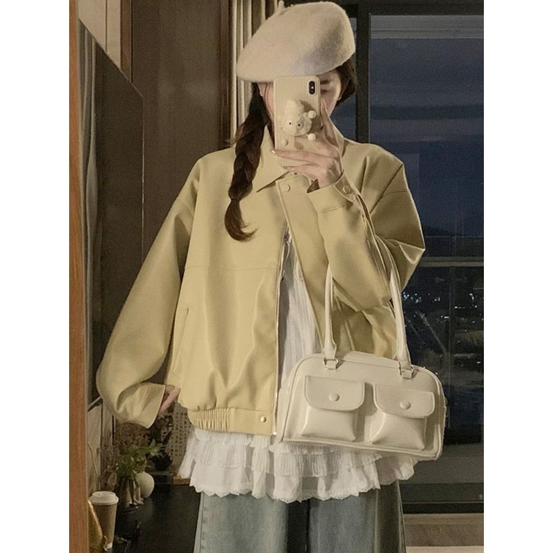 Kumikumi American vintage Black PU Leather Long sleeve Outerwear Women clothes Autumn Niche Loose Lapel Jacket Top
