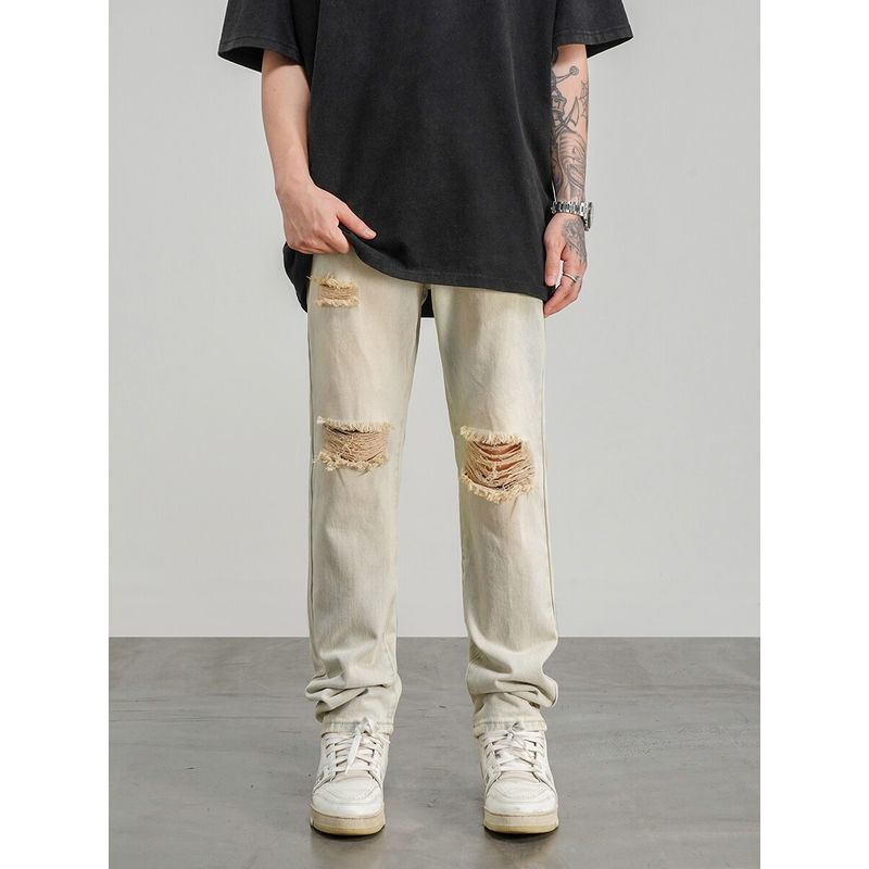 Black of Exit Chinese Fad Washed Yellow Ripped Straight Denim Male and Female Students Easiest for Match Yellow Mud Pants