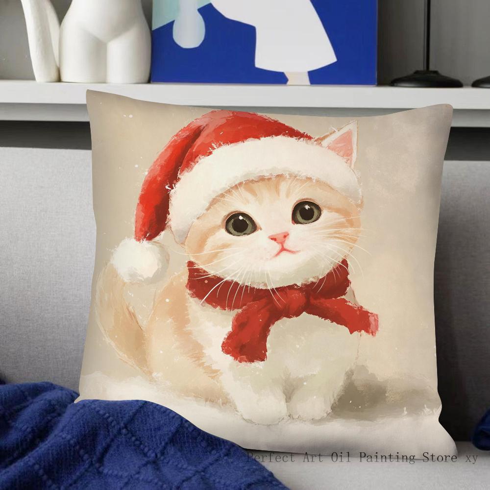 Weihnachts Katze Kissenbezug Mode Quadratischer Kissenbezug Schlafzimmer Sofa Zimmer Innendekoration Freizeit Kissenbezug 40x40