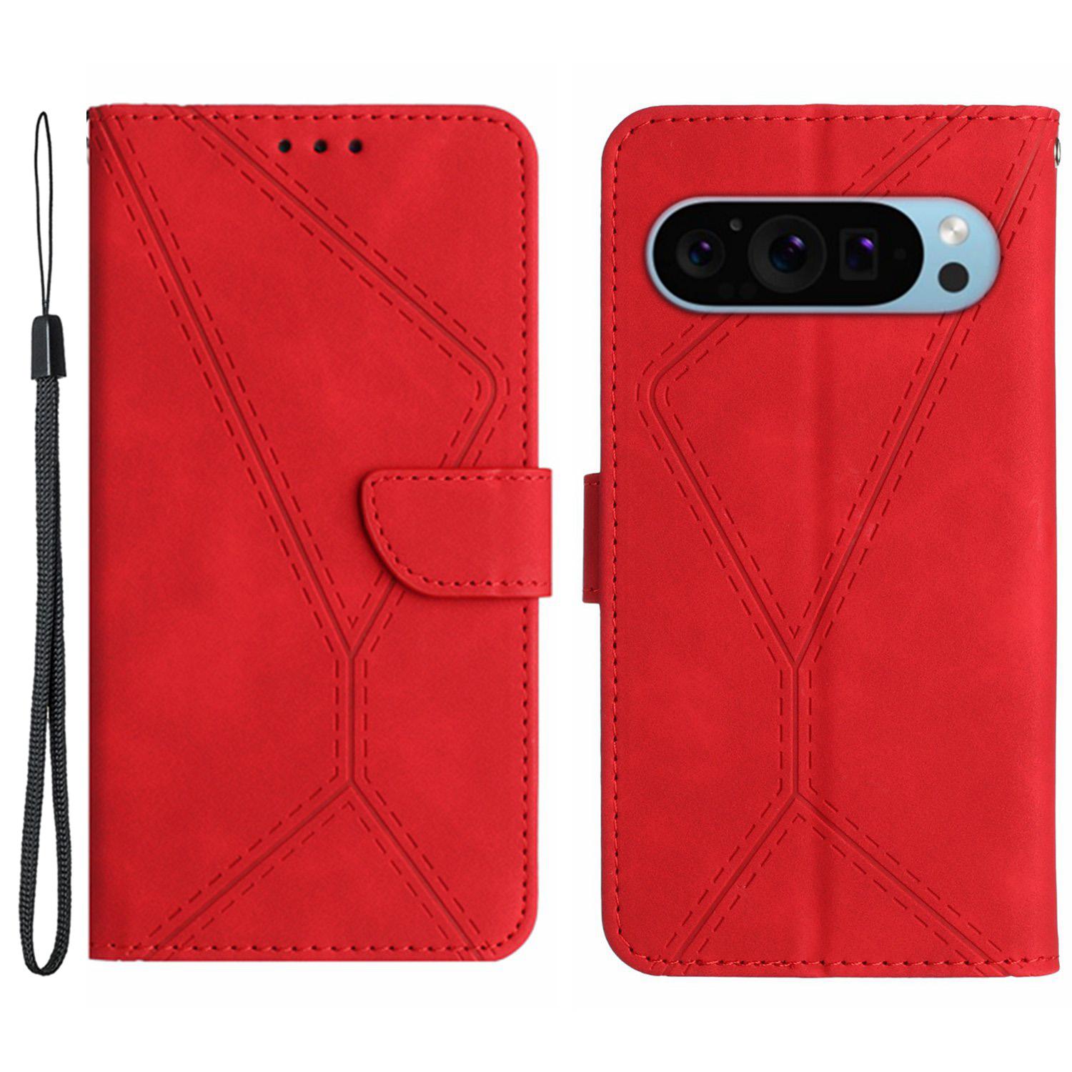 

HT05 For Google Pixel 9/Pixel 9 Pro Case PU Leather Wallet Phone Cover Lines Imprinted Red