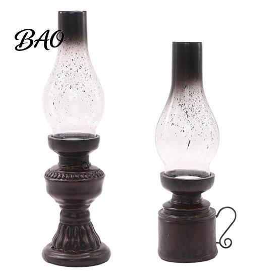 Stable Heavy Candle Holder Miniature Kerosene Lamp Resin Holder, Retro Oil Figurine with Smoked Nostalgic Replica Glass Shade & Carved Base, Tabletop